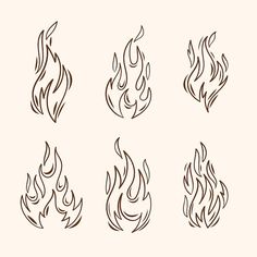 four different types of fire flames on a white background, each with black and brown lines