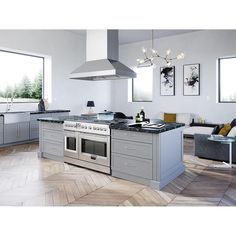 a kitchen with an island, stove and chairs in the middle of it is surrounded by wood flooring