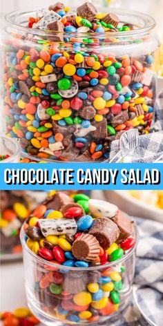 chocolate candy salad in a plastic container with the words chocolate candy salad on top and bottom