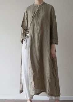 Linen Japanese Style, Chinese Women Fashion, Long Dresses Long Sleeve, Long Linen Dresses, Linen Loose Dress, Linen Style Fashion, Formal Dresses With Sleeves, Kaftan Style