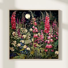 a painting on the wall with flowers and plants around it in front of a full moon