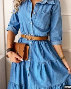 Fisdy - Elegante vestido vaquero largo para mujer - Maxi vestido de moda con una influencia vaquera chic Kemeja Denim, Loose Long Sleeve Dress, Casual Denim Dress, Moda Denim, Blue Denim Dress, Denim Midi Dress, Denim Maxi, Denim Shirt Dress, Mid Length Skirts