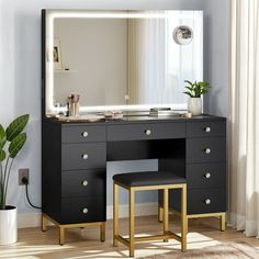 Indulge in sophistication with a Large Mirror Vanity Desk featuring a captivating LED Lighted Mirror, adaptable in 3 color modes for optimal clarity. The exquisite Tempered Glass Tabletop Vanity offers a generous display area, seamlessly blending style and functionality. Housing 9 drawers, including a central one with divider space, this makeup vanity ensures easy access to your accessories. Accompanied by a Cushion Stool with leather finish, measuring 15inchL x 12W" x 18H, this set exudes durab Bedroom For Women, Modern Vanity Desk, Vanity In Bedroom, Cushion Stool, Makeup Tables, Bedroom Vanity Set, Desk Dressing Table, Lit Mirror, Makeup Vanity Set