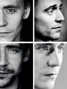 four different shots of a man's face in black and white, including the eyes