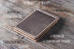 This handmade leather money clip wallet is made from a premium full-grain cowhide. This variation is called distressed leather. It gets better: You also have the option to get this wallet personalized with your name, initials, logo or even your favorite quote. Leather Wallets For Men, Leather Anniversary Gift, Personalized Leather Wallet, Leather Anniversary, Custom Wallet