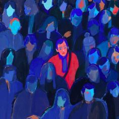 a painting of a crowd of people in blue and red colors, with one woman looking at the camera