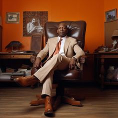 a man in a tan suit and orange tie sitting in a brown leather office chair