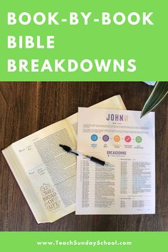 an open bible with the words book - by - book bible breakdowns on it