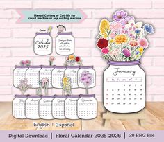 a calendar with flowers in a mason jar