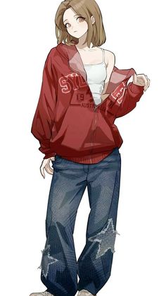 an anime character with long hair wearing jeans and a red jacket, standing in front of a