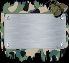 a metal plate with two binoculars on it and camouflage pattern around the edges, as well as an empty space for text