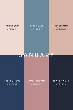 the color scheme for january is shown in different colors and font, including blue, pink,