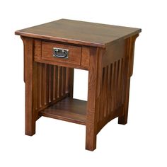 a small wooden table with one drawer open