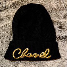 Nwt Chanel Black Beanie Hat With Gold Sequins Chic Beanie Hat For Winter, Chic Beanie For Winter, Designer Winter Hats With Curved Brim, Trendy Beanie With Embroidered Logo, Designer Black Hat For Streetwear, Black Fall Bonnet Cap, Black Bonnet Cap For Fall, Black Bonnet One Size Curved Brim, Black Bonnet With Curved Brim, One Size Fits Most