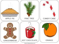 four different types of food are shown in this graphic style, including apples, pine tree, candy cane, gingerbread, hot chocolate and orange