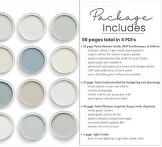 the package includes several different shades of paint, including white and gray colors with text that reads