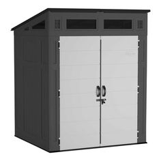 an outdoor storage shed with two doors