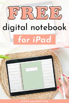 a tablet with the text free digital notebook for ipad