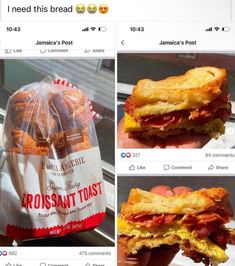 two pictures of sandwiches with bacon and cheese wrapped in plastic bags, one has a bag of bread