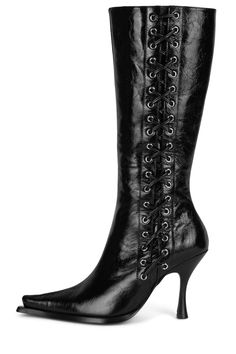 Knee-high heeled boot with lace-up detail Fits true to size Measurements taken from a size 7 3.5" Heel, 0.25" Platform 13" Shaft, 12" Leg Opening Leather Upper, Leather / Fabric Lining, Synthetic Sole Zipper closure Knee High Boots Lace Up, Platform Boots Heels, Point Toed Boots, Edgy Wedding Shoes, Lace Up Boots Heels, Shoes For Fall Outfits, Shoes Laces, Lace Up Heeled Boots, Pink Lace Up Boots