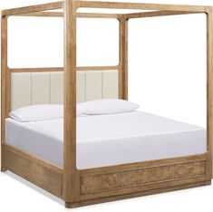 a bed with a wooden frame and white sheets