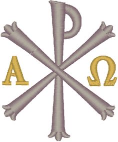 an image of the letter q and two crossed bones with letters on them in gold