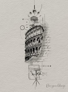 a drawing of the leaning tower of pisa, with its architectural details in black and white