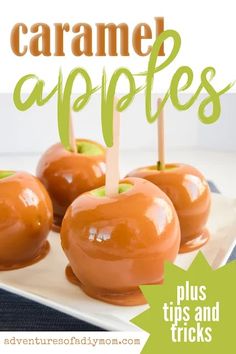 caramel apples on a plate with text overlay