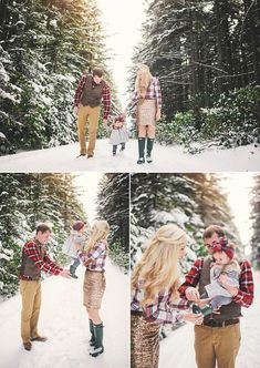 a man and woman holding hands while standing in the snow with their baby girl on her lap