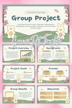 a pink and white poster with the words group project written in different languages on it