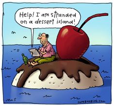 a cartoon with an apple on top of a piece of cake and the caption reads help i am stranded on a desert island