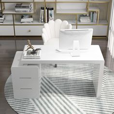 a white desk with a computer on top of it