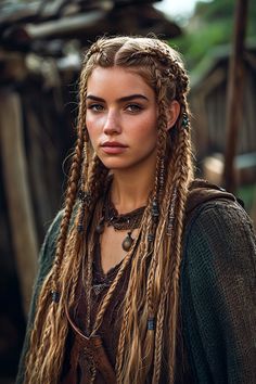 Viking Hairstyles Curly Hair, Braided Hairstyles Viking Women, Viking Braids Women Hairstyles, Hair Braids With Charms, Women Viking Braids, Viking Braid Hairstyles, Women Viking Outfits, Vikings Braids Hairstyles, Viking Ponytail Hairstyles