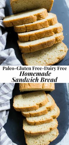 slices of homemade sandwich bread stacked on top of each other with the text pale - gluten free dairy free homemade sandwich bread