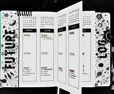 an open planner with space themed pages on the page is shown in black and white