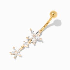 Claire's Gold-tone Stainless Steel Cubic Zirconia Flower Dangle 14G Belly Bar Gold Dangle Belly Ring, Belly Button Piercing Jewelry Gold, Belly Button Piercing Dainty, Belly Button Piercing Dangle, Belly Piercing Gold, 16th Wishlist, Dainty Belly Button Piercing, Summer Belly Rings, Naval Piercings