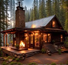 a cabin in the woods with a fire place and steps leading up to it's front door