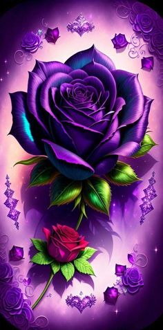 a purple rose with green leaves in the center and hearts on it's side