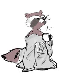 a drawing of a raccoon holding a coffee cup and wearing a shirt with the word boo on it