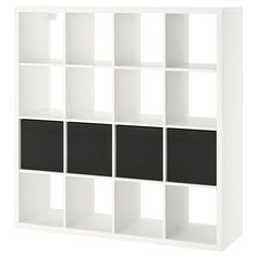 a white bookcase with black bins on each side