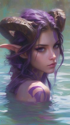 a painting of a woman with horns in the water, wearing purple hair and blue eyes