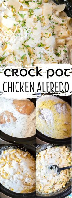 crock pot chicken alfredo in a cast iron skillet