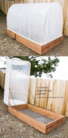 two pictures show how to build a small greenhouse in the backyard with wood and plastic coverings