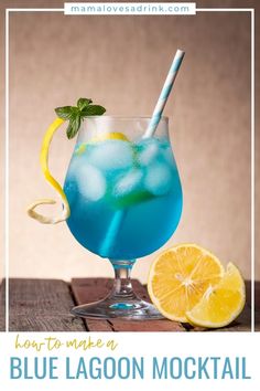 a blue lagoon cocktail with lemon and mint garnish