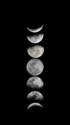 five phases of the moon are shown in this black and white photo, as well as one