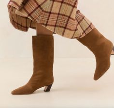 Mid-heel calf boot in cacao brown split suede. Features a padded footbed with gold stamped logo. 2" heel Upper: 100% Cow Leather Outsole: 100% Bovine Leather Loeffler Randall, 2 Inch Heels, Wardrobe Ideas, Mid Calf Boots, Understated Elegance, 7 11, Mid Heel, Thom Browne, Brown Suede