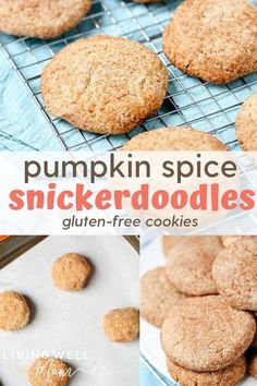 pumpkin spice snickkerdoodle cookies on a cooling rack with the words, gluten - free cookies