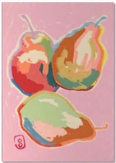 three apples and two pears on a pink background with the letter q below them