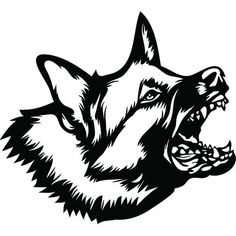 a black and white drawing of a dog's head with it's mouth open