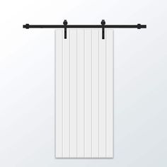 a white and black curtain hanging on a metal rod with two wooden bars in front of it